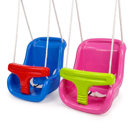 Two toddler safety swing seats, one blue with a red handle and one pink with a green handle, hanging from white ropes