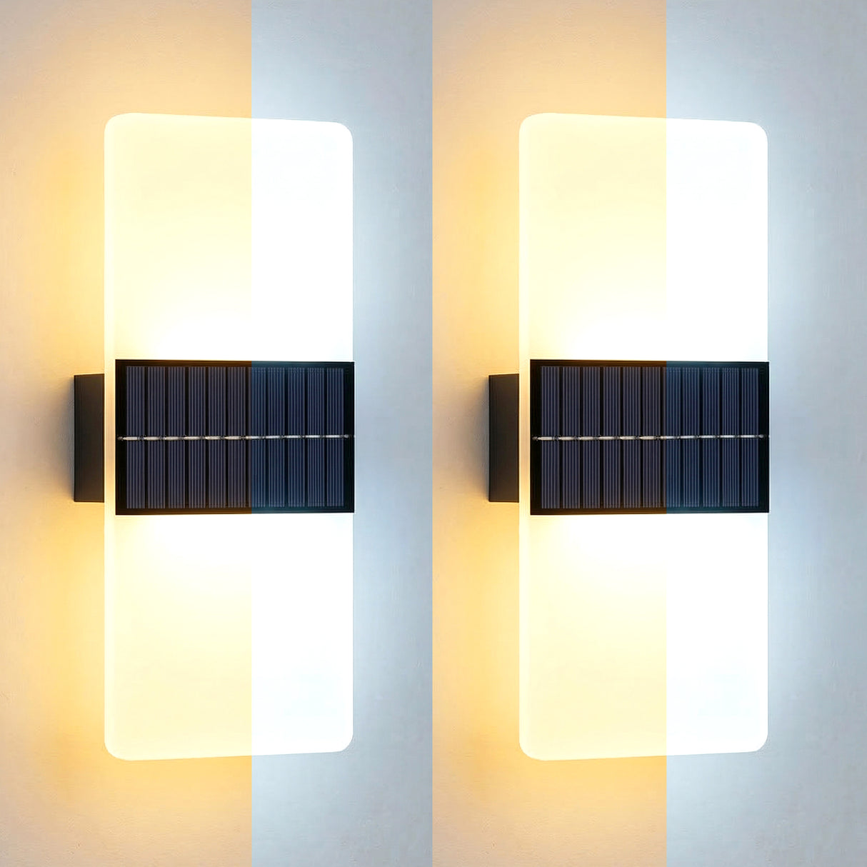 Pair of vertical wall sconces featuring illuminated acrylic panels and dark, slotted rectangular base fixtures.