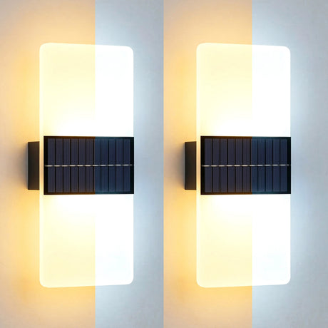 Pair of vertical wall sconces featuring illuminated acrylic panels and dark, slotted rectangular base fixtures.