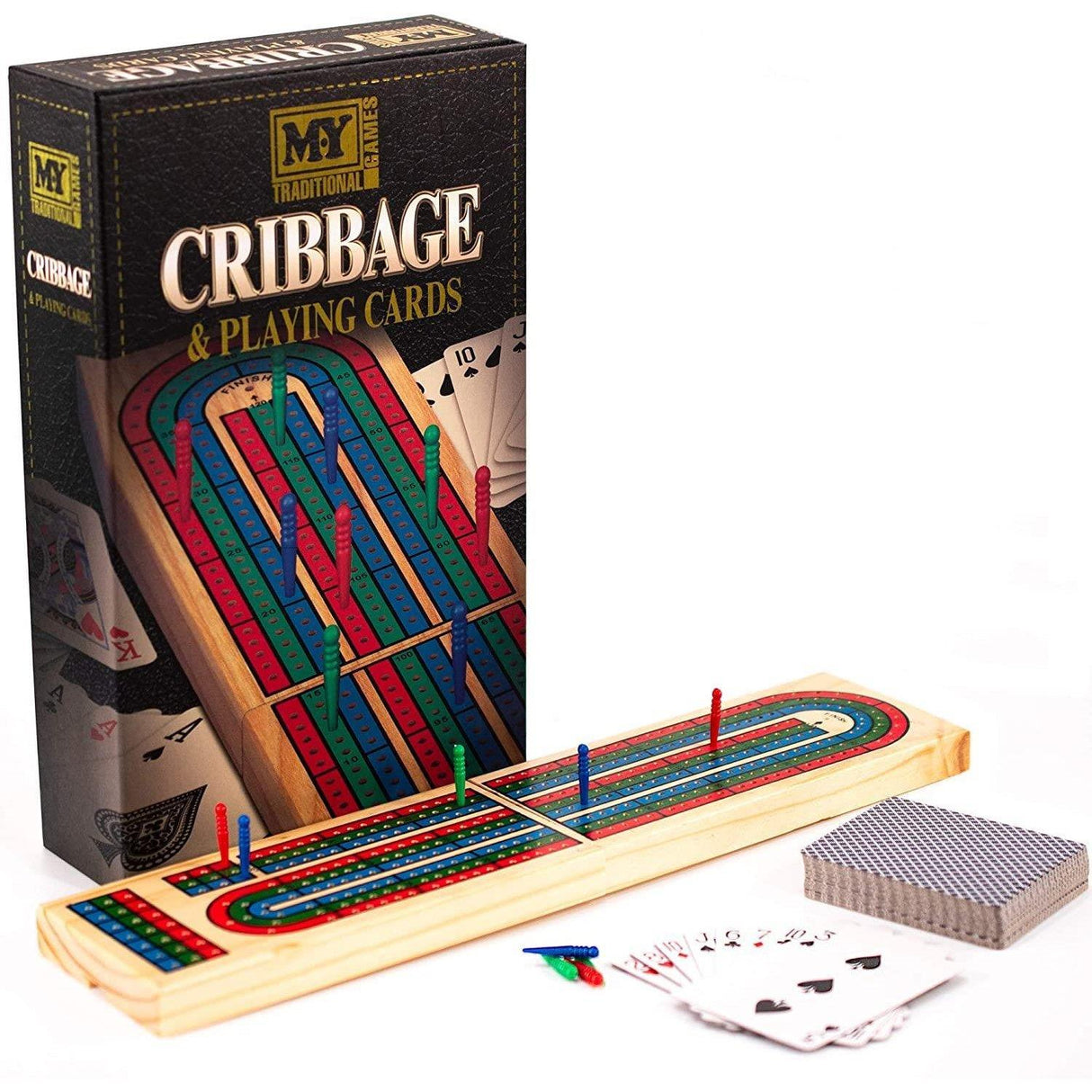 Cribbage game set with wooden board, peg scoring rack, and stacked playing cards.