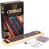 Cribbage game set with wooden board, peg scoring rack, and stacked playing cards.