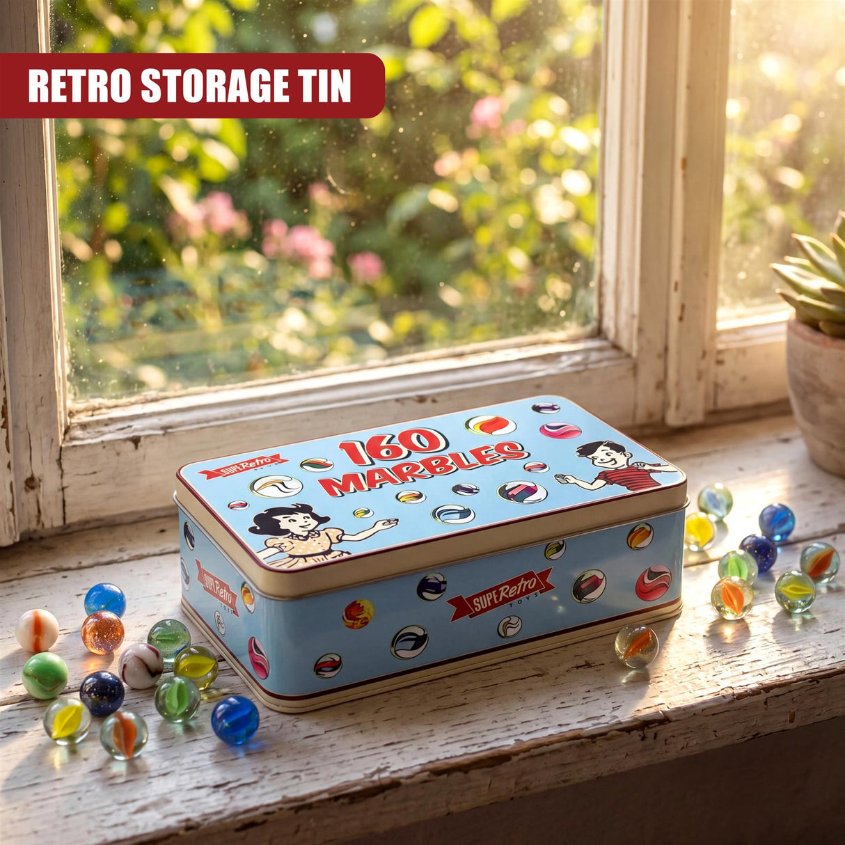 The tin box displaying "160 Marbles" is centered among several colorful glass marbles on wood.