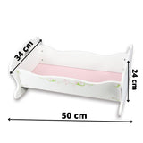 Oval white doll cradle with curved edges and a pale pink interior lining. Dimensions shown are 50 by 34 cm.