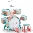 Multi-piece colorful play set including drums, stand, bass drum, and small pink stool accessory.
