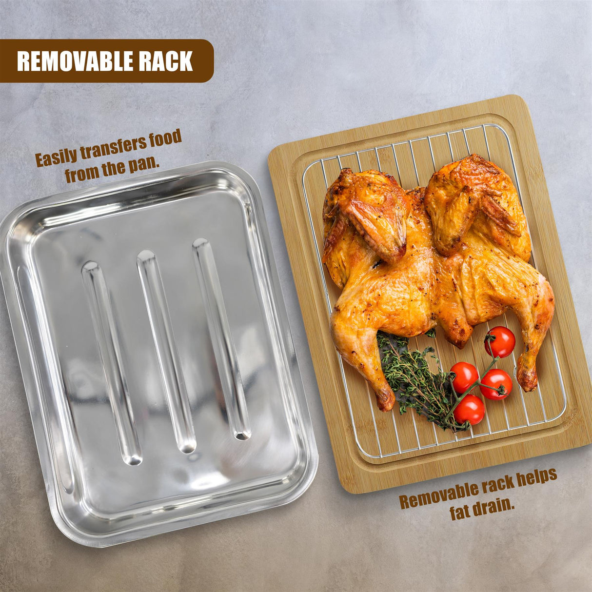 Roasting tray with removable rack, displayed next to a tray holding two roasted chickens.