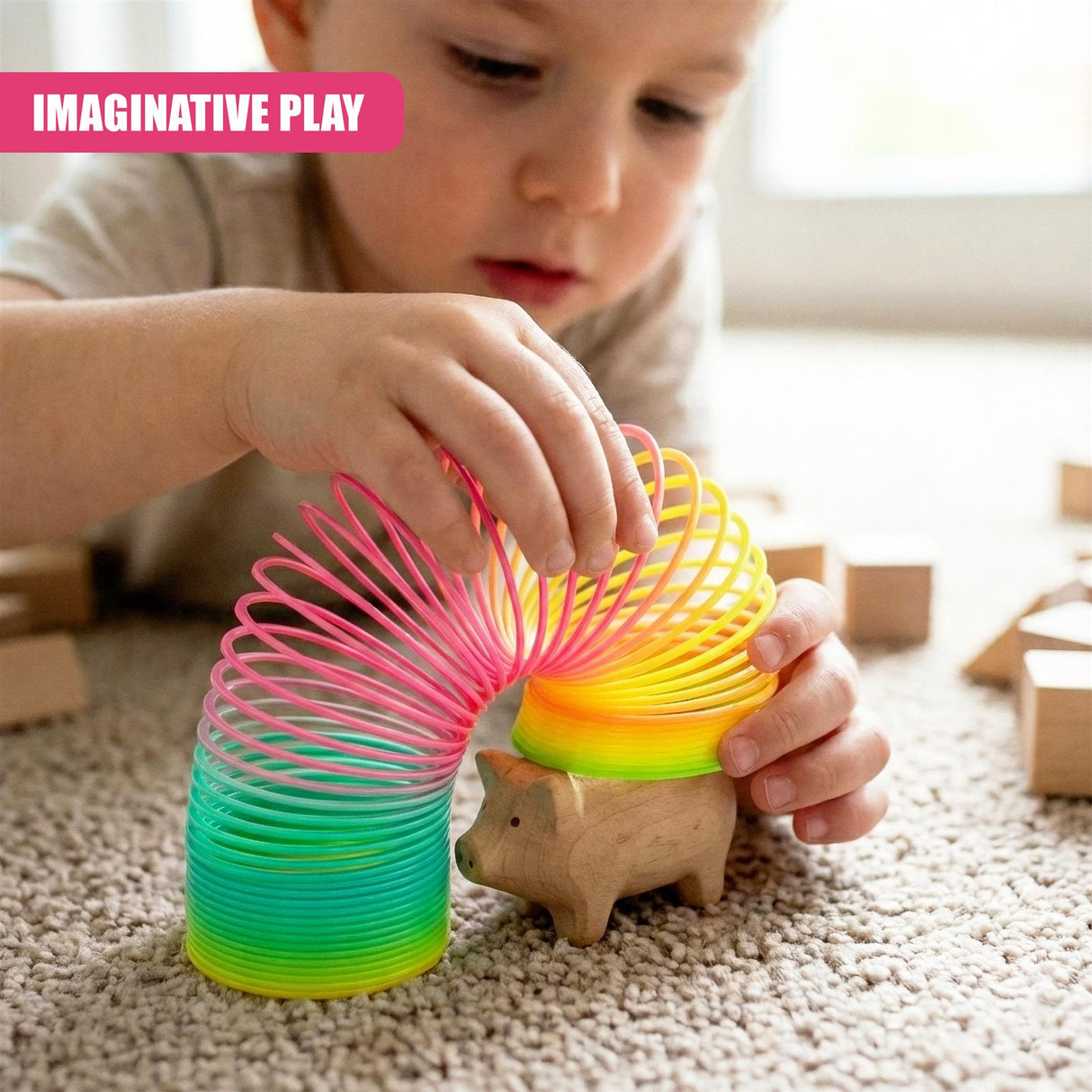 A child's hands hold a colorful, spiral-shaped toy, with a wooden animal toy placed on top of a rainbow-colored Slinky-like toy. The child's hands are holding the toy, with the Slinky-like toy's spiral shape visible in the foreground. - UKBuyZone