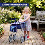 Blue toy pram featuring a blue basket and carriage on a silver metal frame.