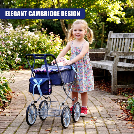 Blue toy pram featuring a blue basket and carriage on a silver metal frame.