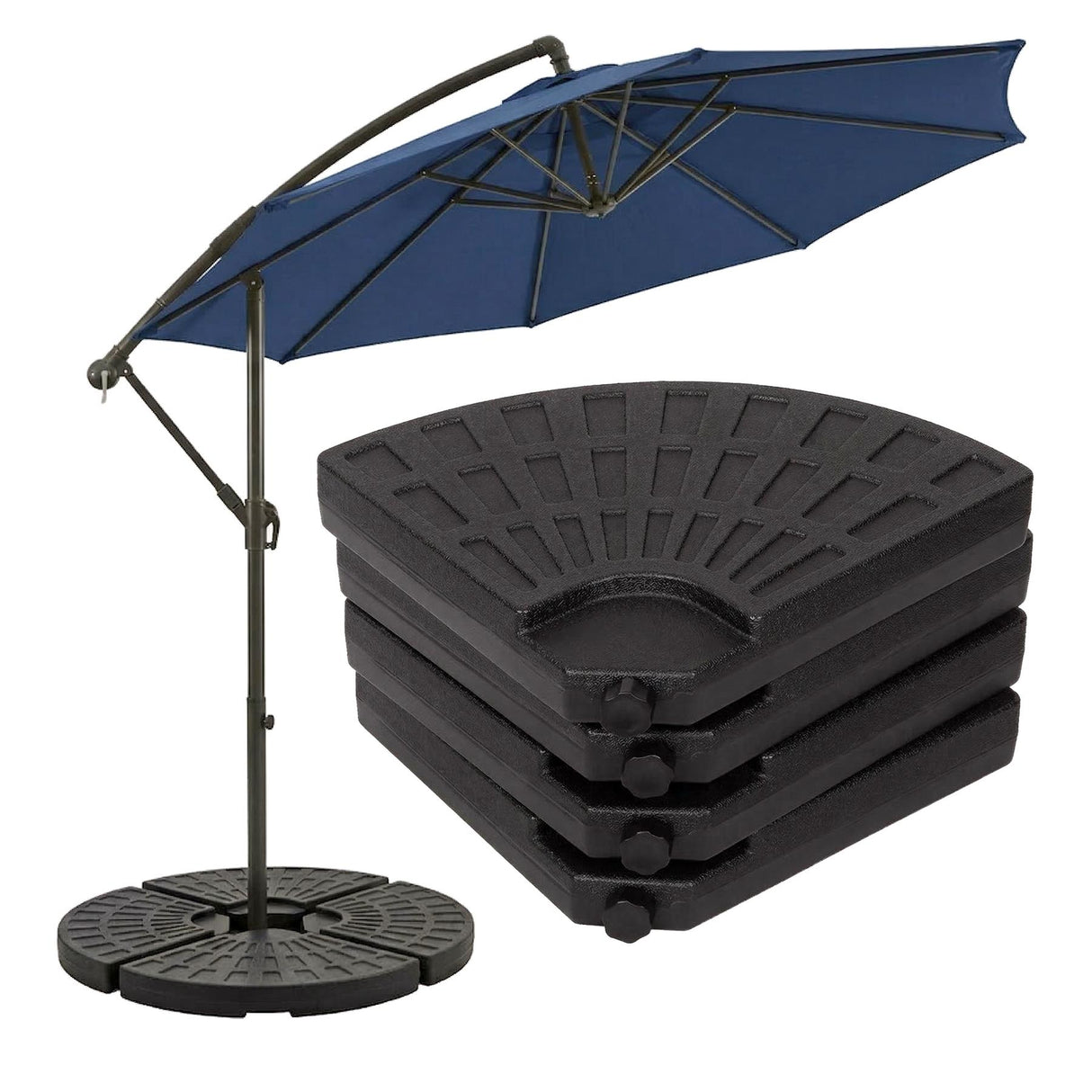 Dark blue cantilever umbrella shown with its pole and a stack of three patterned round bases.
