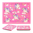 Pink lap tray and coordinating cushions featuring unicorns, rainbows, clouds, and stars.