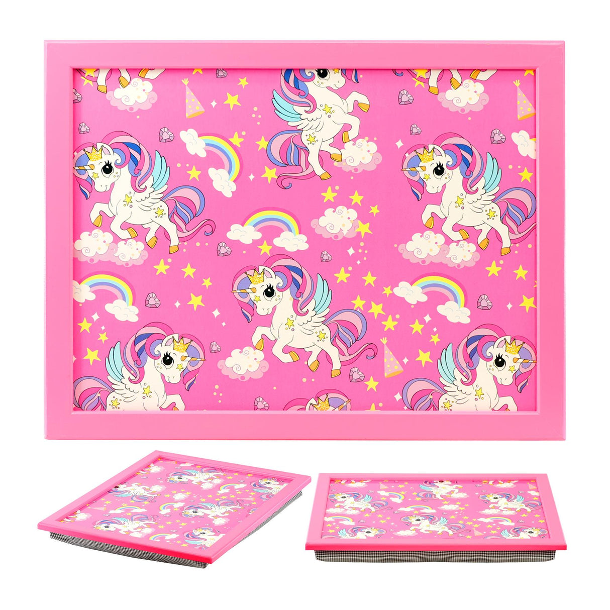 Pink lap tray and coordinating cushions featuring unicorns, rainbows, clouds, and stars.