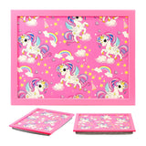 Pink lap tray and coordinating cushions featuring unicorns, rainbows, clouds, and stars.