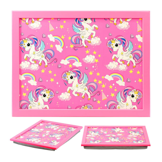 Pink lap tray and coordinating cushions featuring unicorns, rainbows, clouds, and stars.
