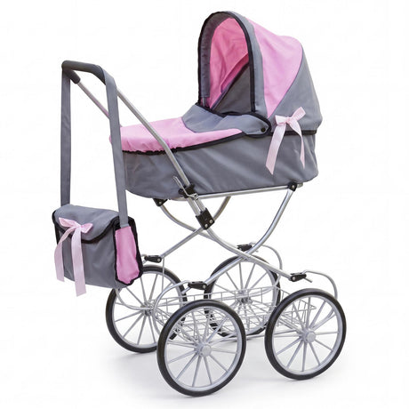 A doll-sized pram featuring pink and grey fabric, a carrying bag, and four attached wheels.