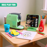 A wooden table with a child's play set-up, featuring a toy coffee machine, a play menu, and various play food items. - UKBuyZone