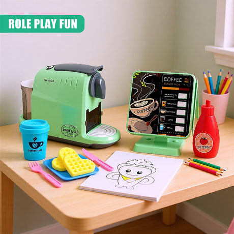 A wooden table with a child's play set-up, featuring a toy coffee machine, a play menu, and various play food items. - UKBuyZone