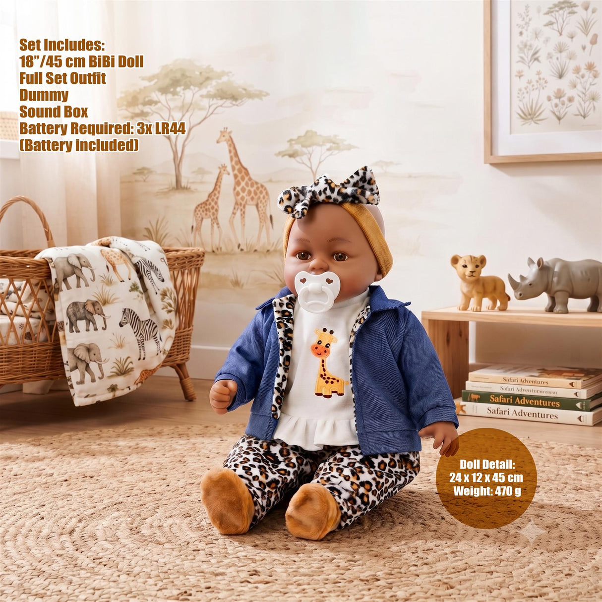 BiBi Black Baby Doll "Cheetah" (45 cm / 18")