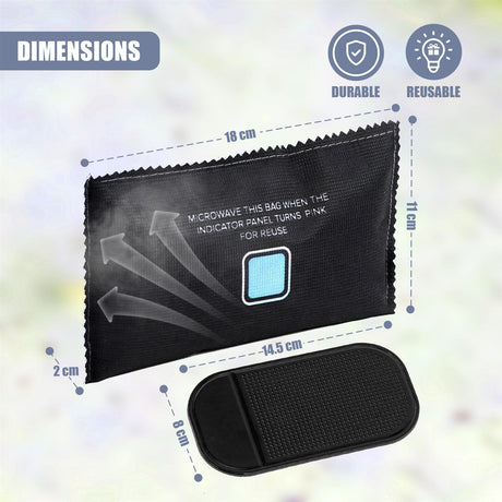 Illustration displaying the dimensions of two black dehumidifier bags and usage instructions.