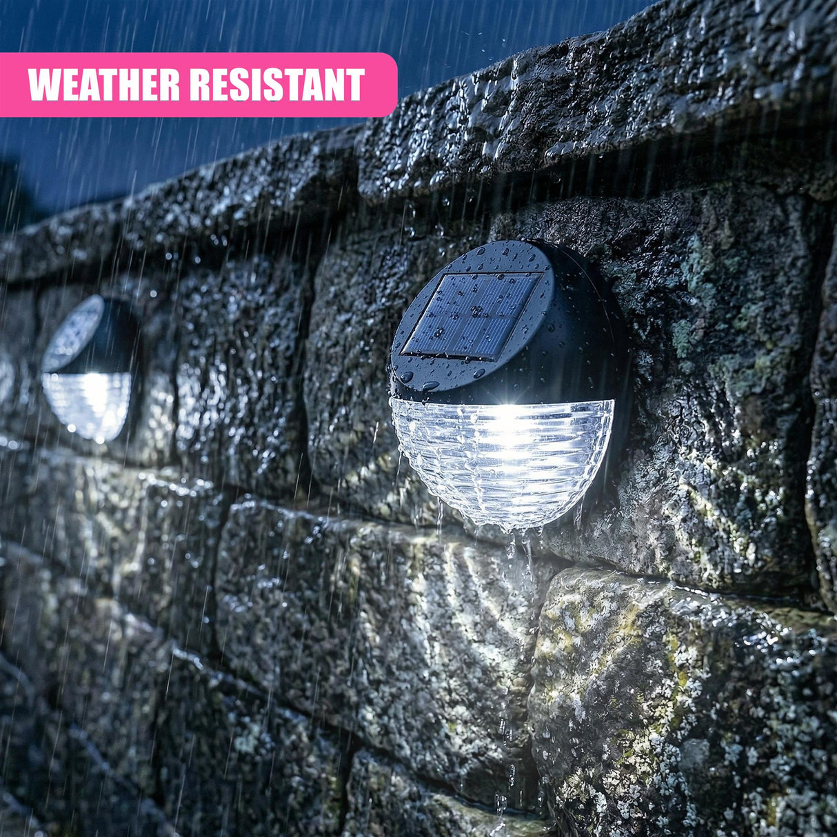 Circular black solar pathway lights are mounted into a wet stone wall, featuring illuminated LED panels.