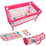"Vibrant pink baby high chair and cot set, including carry bag and accessories. Colorful polka dots with pastel accents. Soft padded cushion for comfort." - UKBuyZone