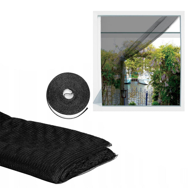 Black mesh window screen guard shown rolled up, flat, and installed over an open window.