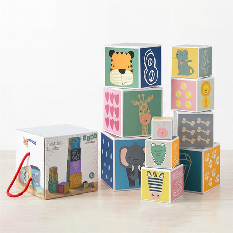 A large set of colorful wooden stacking blocks with animal and number designs.