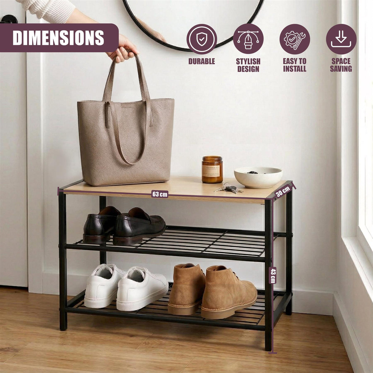 Two-tiered black metal shoe rack holding several pairs of footwear and accessories.