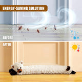A creamy white, novelty cat-shaped draft excluder rests on a light wooden floor.