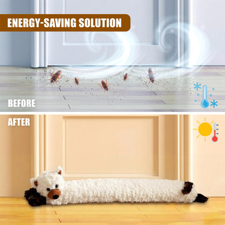 A creamy white, novelty cat-shaped draft excluder rests on a light wooden floor.
