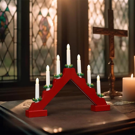 Red Wooden Candle Bridge With 7 Led Lights by GEEZY - UKBuyZone