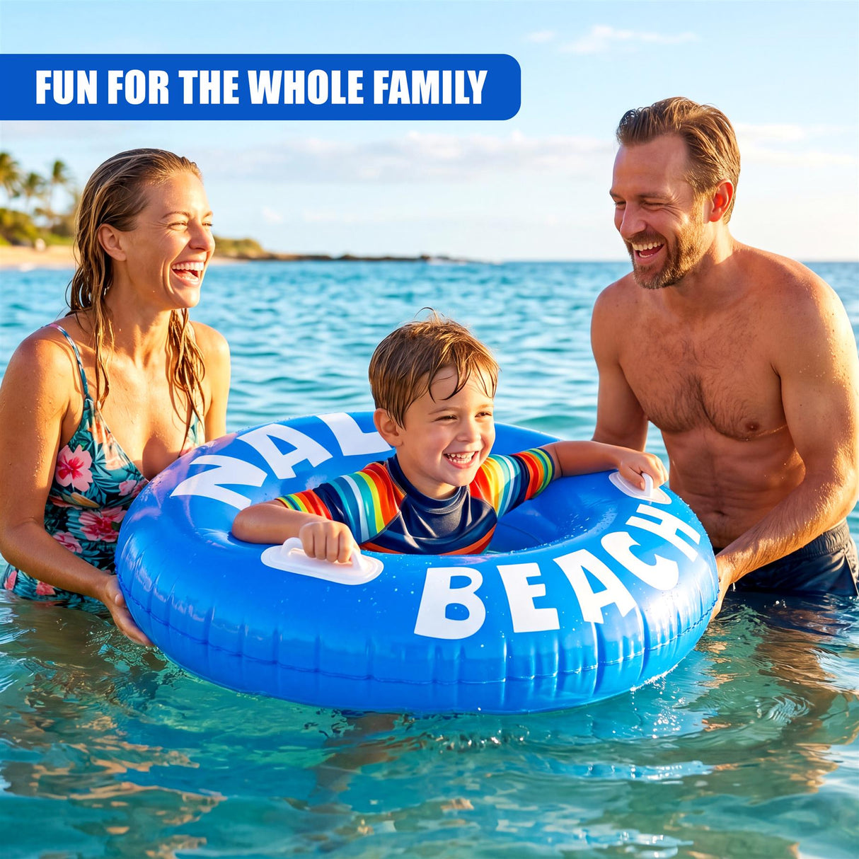 Large blue inflatable ring spelling out "BEACH" floats in the water, being used by a child.