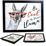 "Geezy lap tray with bean bag cushion and llama design."