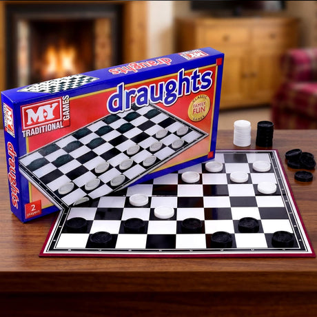 Folding draughts game board, pieces, and blue storage box displayed on a wooden tabletop.