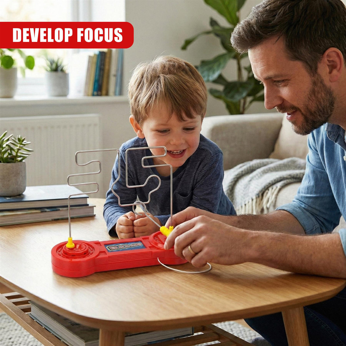 A young boy and adult interact with a red electronic circuit wire game on a wooden table.