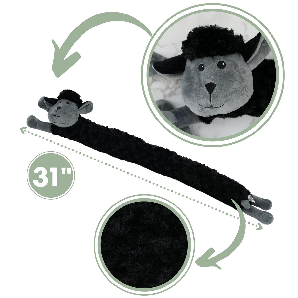 A novelty black sheep draught excluder measuring 31 inches long. The excluder features a plush black body and a smiling gray sheep head with large ears and embroidered facial details. It is designed to fit snugly against doors to keep drafts out, with an image highlighting its soft texture in a circular inset.