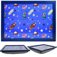 A blue tray with a space-themed design, featuring illustrations of astronauts, rockets, stars, and planets. The tray has a fun and playful design, making it a great addition to a child's bedroom or playroom. - UKBuyZone