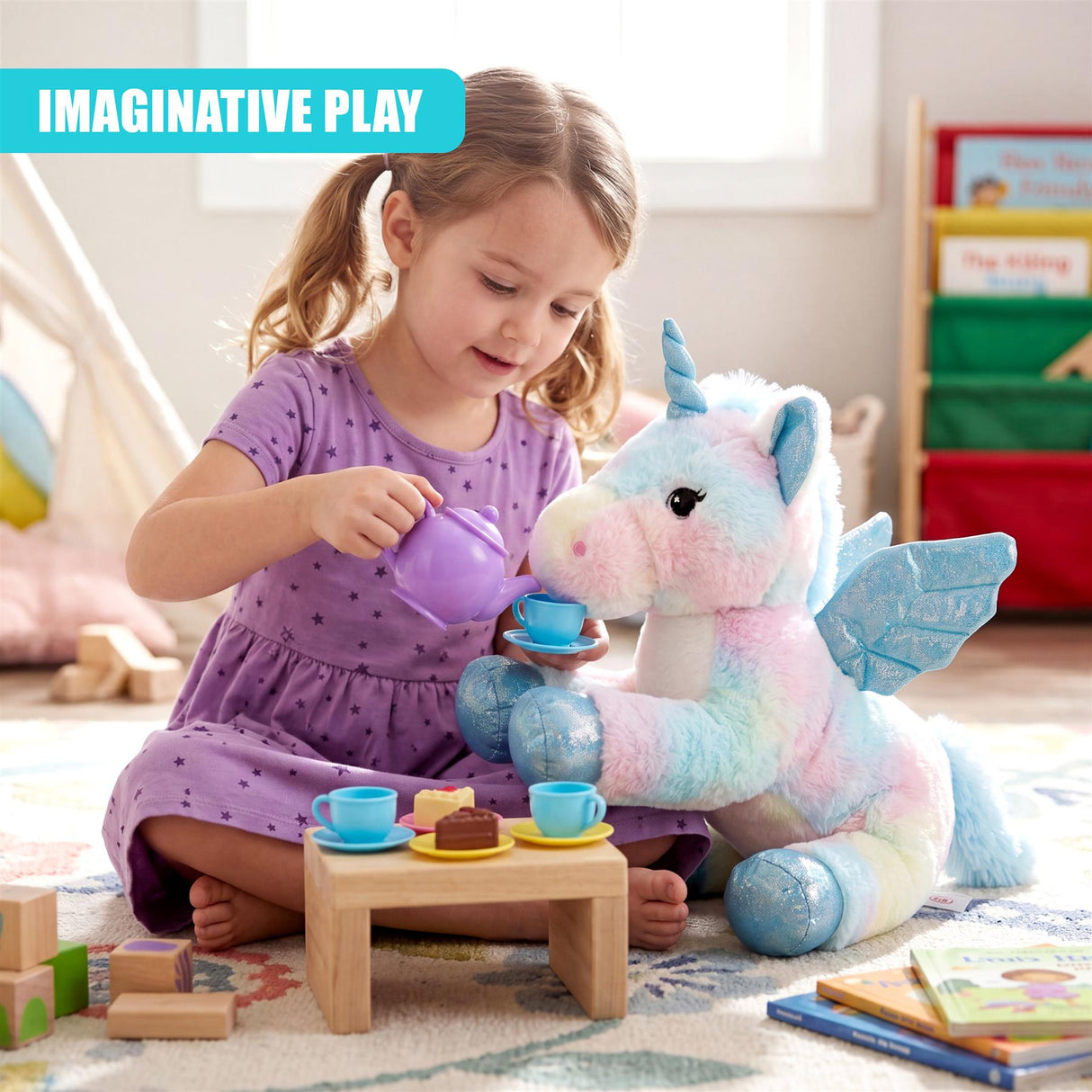 A girl serves tea to a unicorn plush toy at a low wooden table on a rug.