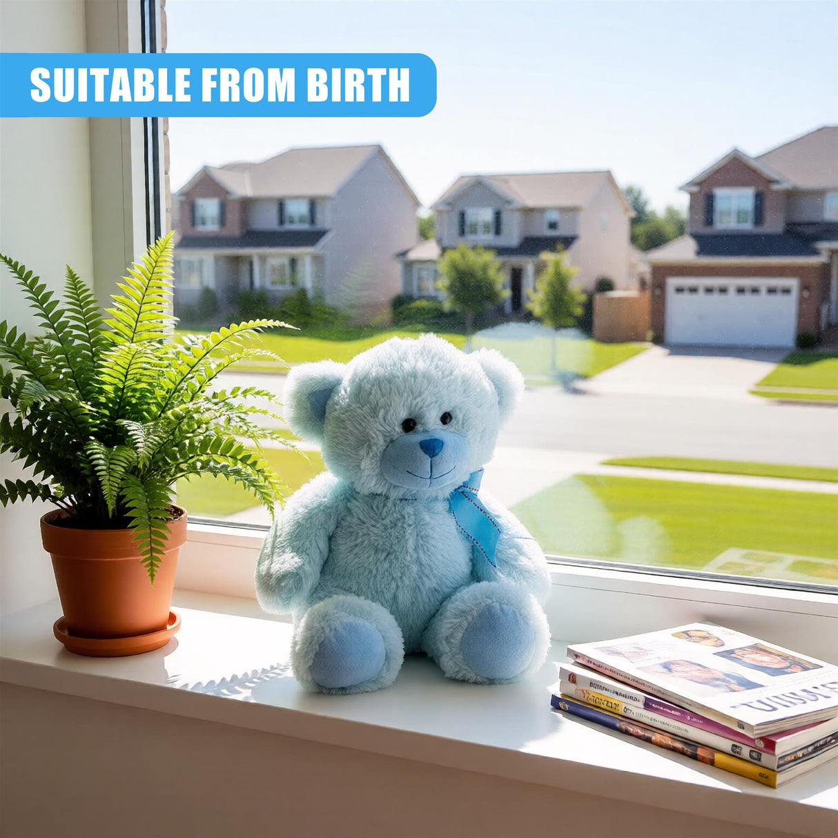 Light blue teddy bear sits on window sill next to potted fern and books.