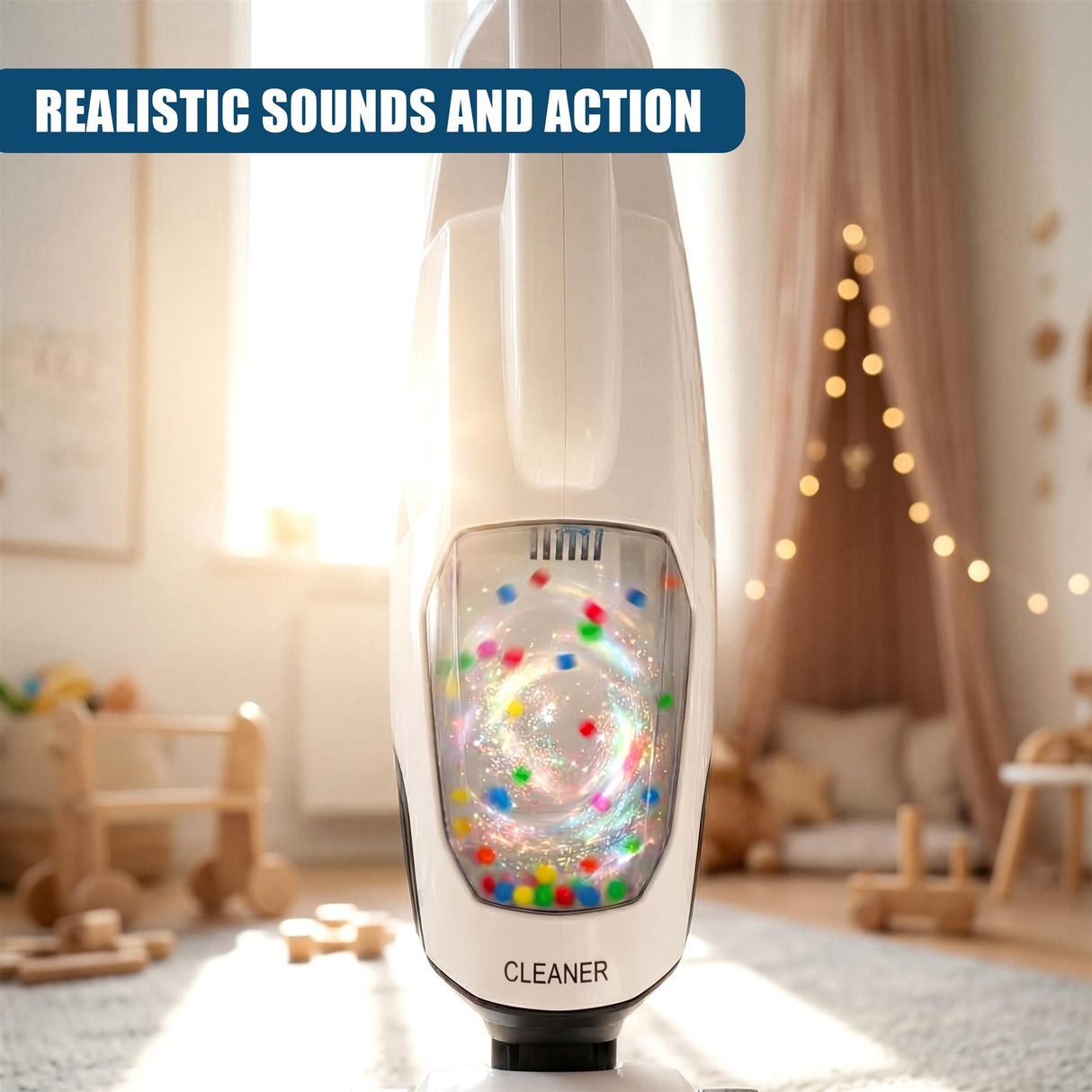 A white toy vacuum cleaner contains colorful lights and moving elements visible in its front basin.