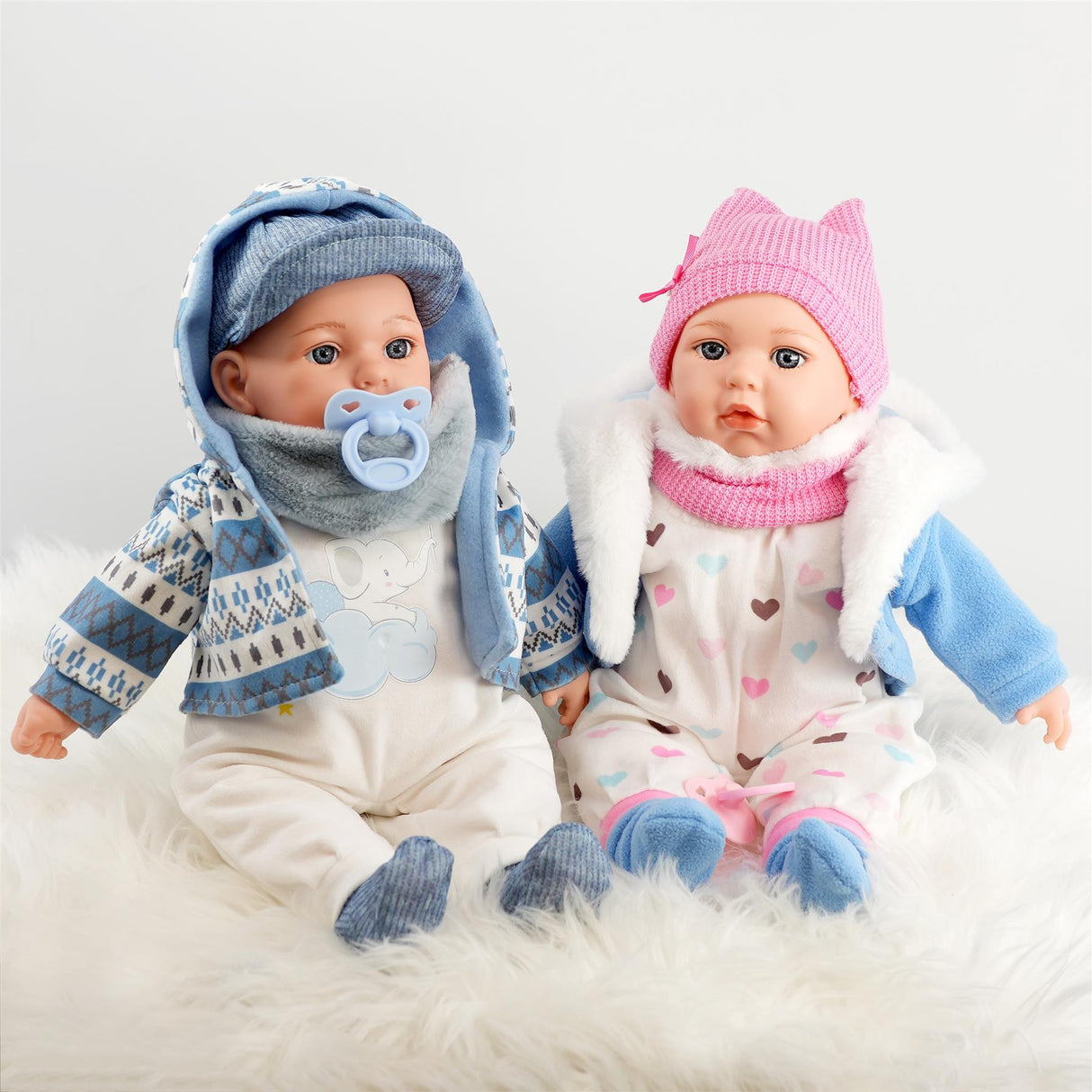 Bibi doll set with 2 dolls, 1 small blue bear, outfit for the baby doll, baby doll stroller, all in a gift box.