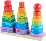 Three vertical stacks of wooden blocks show rectangular, cube, and circular shapes on a base.