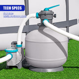 The sand filter consists of a large gray tank, white hoses, and an attached pump mechanism.