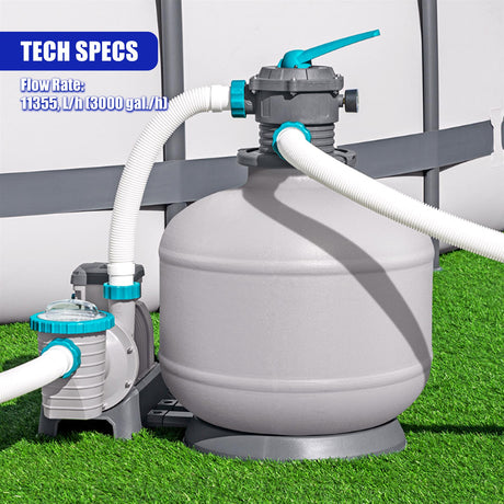 The sand filter consists of a large gray tank, white hoses, and an attached pump mechanism.