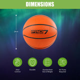 An orange basketball, with dimensions provided.