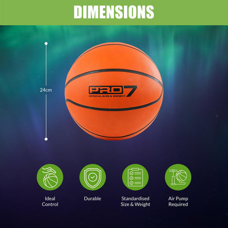 An orange basketball, with dimensions provided.