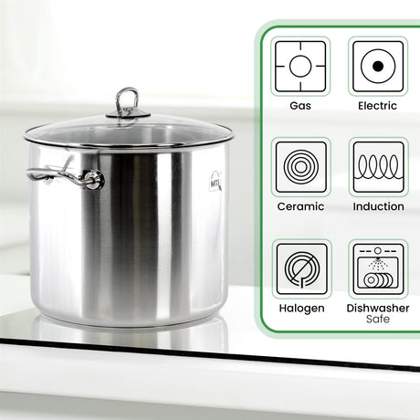"Stainless steel pot, silver handle, black lid, 15L capacity, suitable for cooking, induction-safe." - UKBuyZone