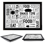 A black and white serving tray with a pattern of various food-related words and images. - UKBuyZone