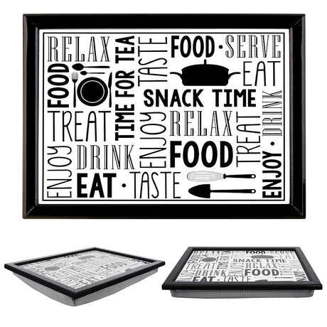 A black and white serving tray with a pattern of various food-related words and images. - UKBuyZone