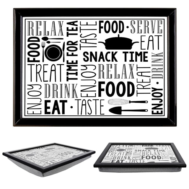 A black and white serving tray with a pattern of various food-related words and images. - UKBuyZone