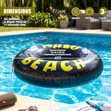 Black inflatable ring floats in a pool, featuring large yellow lettering that spells "BEACH."